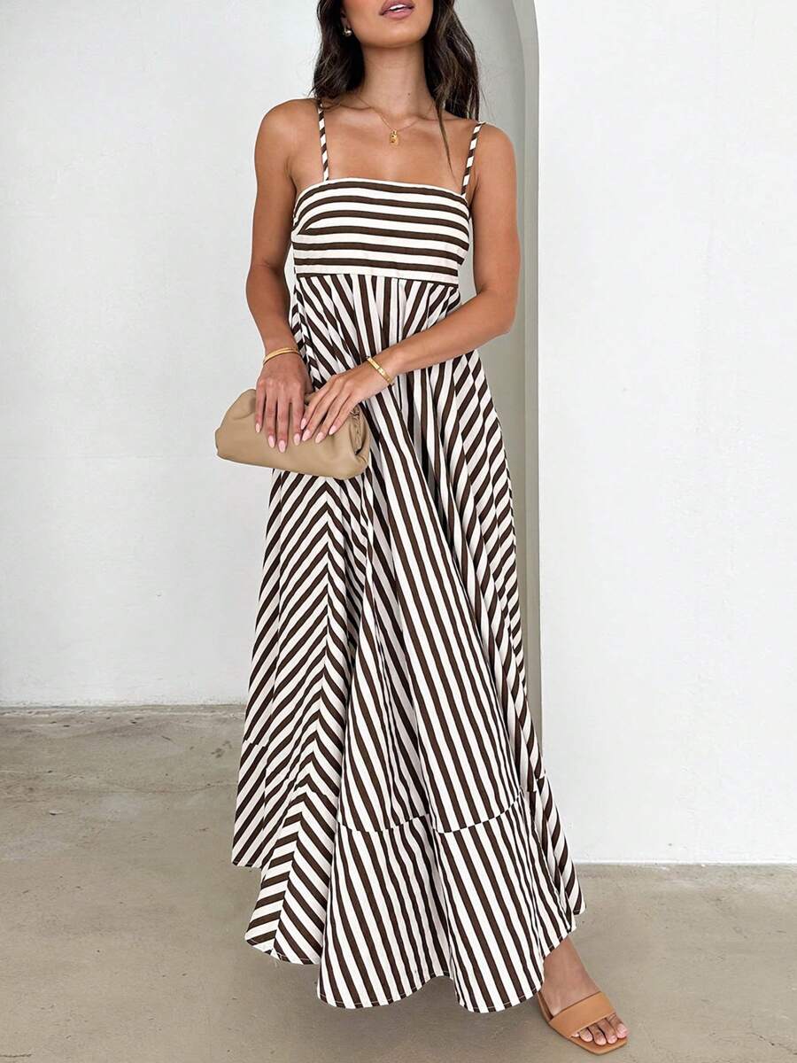 2025 Women Long Cami Dress Stripe/Dot Print Spaghetti Strap Backless A-Line Flowy Dress - màu nâu - Xem 1