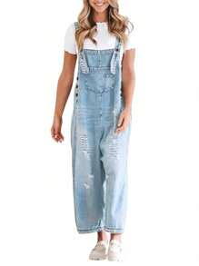Women's Casual Denim Overall Jumpsuit Loose Adjustable Shoulder Straps Make Old Denim Cargo Belt Pockets