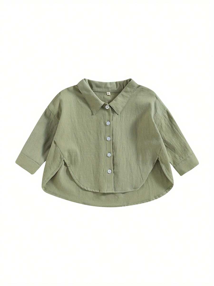Tops de verano para niños pequeños y bebés, camisas de manga corta con cuello de solapa y botones de color liso - verde oliva - Ver 1