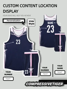 2pcs Personalized Basketball Jersey - Customizable Name And Number Print Short Sleeve T-Shirt + Shorts Co-Ord Dragon Pattern Quick-Drying Sweat-Absorbing Sports Set As Gift