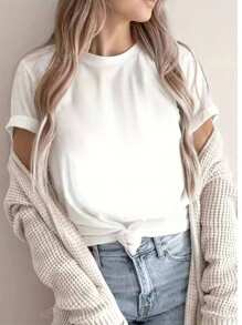 Maglietta casual da donna a maniche corte, girocollo monocolore, top estivo, collo lavorato con cura