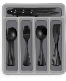 48-Piece Black Silverware Set With Organizer, Black Flatware Set With Steak Knives For   Tainless Steel Tableware Cutlery Set, Mirror Finished Utensil Sets For Home Restaurant