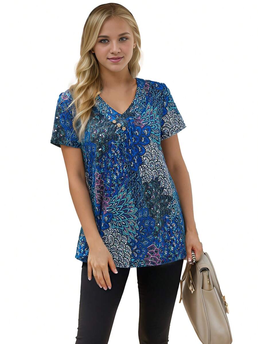 SANOPY Womens Blouses,Womens Tops,Blouses For Women Dressy Casual,Going Out Tops For Women,Women's Tunic Summer Short Sleeve Tops Loose V Neck Dress Shirt - 藍色 - 查看 1