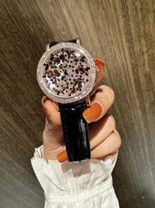 1pc Relógio de quartzo com strass e estampa de leopardo luxuoso e cintilante para mulheres, com mostrador giratório charmoso, caixa de aço inoxidável, pulseira de couro, design elegante, ideal para namoro, presente e uso diário