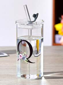 1pc A-Z Flower Letter Pattern Square Glass Cup, Simple And Heat-Resistant Flat Bottomed Cup For Office And Household Use, Milk Coffee Cup With Square Mouth, Bridesmaid Gift, Birthday Gift