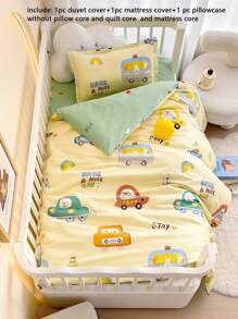 3pcs/Set Cartoon Bear & Dinosaur Printed Bedding Set, Tropical Rainforest Style, Suitable For Nursery, Kindergarten Nap Mat, Children's Bedroom, Includes 1 Duvet Cover (47*59in), 1 Pillow Sham (23*53in), 1 Pillowcase (11*19in) (Without Filler)