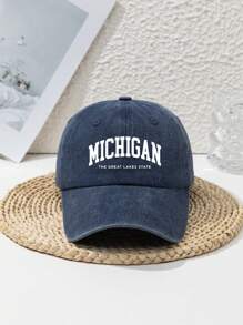 1pc Unisex Casual "Michigan The Great Lakes State" Washed Letter Printed Adjustable Baseball Cap, Outdoor Sports Fashion Streetwear Head Accessory, All Season