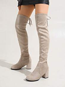 经典女士卡其色过膝靴，秋春时尚弹力面料粗跟圆头后系带长靴