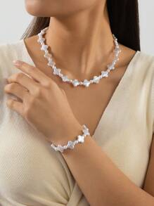 1 Set Fashion Faux Pearl Clover Bracelet & Necklace Set