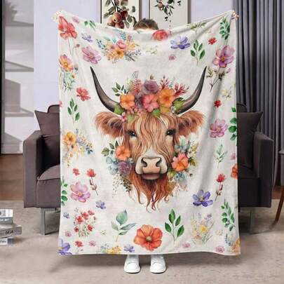 1pc Cartoon High Mountain Cow Pattern Blanket, Bedding, Decorative Throw, Warm & Comfortable Blanket, Gift For Loved Ones & Friends, Dorm Blanket, Air Conditioning Blanket, Lightweight & Skin-Friendly Micro Flannel Blanket, Personalized Flannel Throw Blanket, Multipurpose, Multiple Sizes Available, All Season, Valentine's Day Gift
