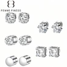Femme Finess Juego de pendientes magnéticos de acero inoxidable para hombres y mujeres, estilo AB, de doble cara, sin perforación, con combinación de pendientes de pareja, circonita cúbica hipoalergénica de 5-8 mm