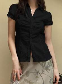 Women's Button Down Shirts Cap Sleeve Lapel Collar Tie Back Slim Fit Tops Summer Shirts - 黑色 - 查看 4