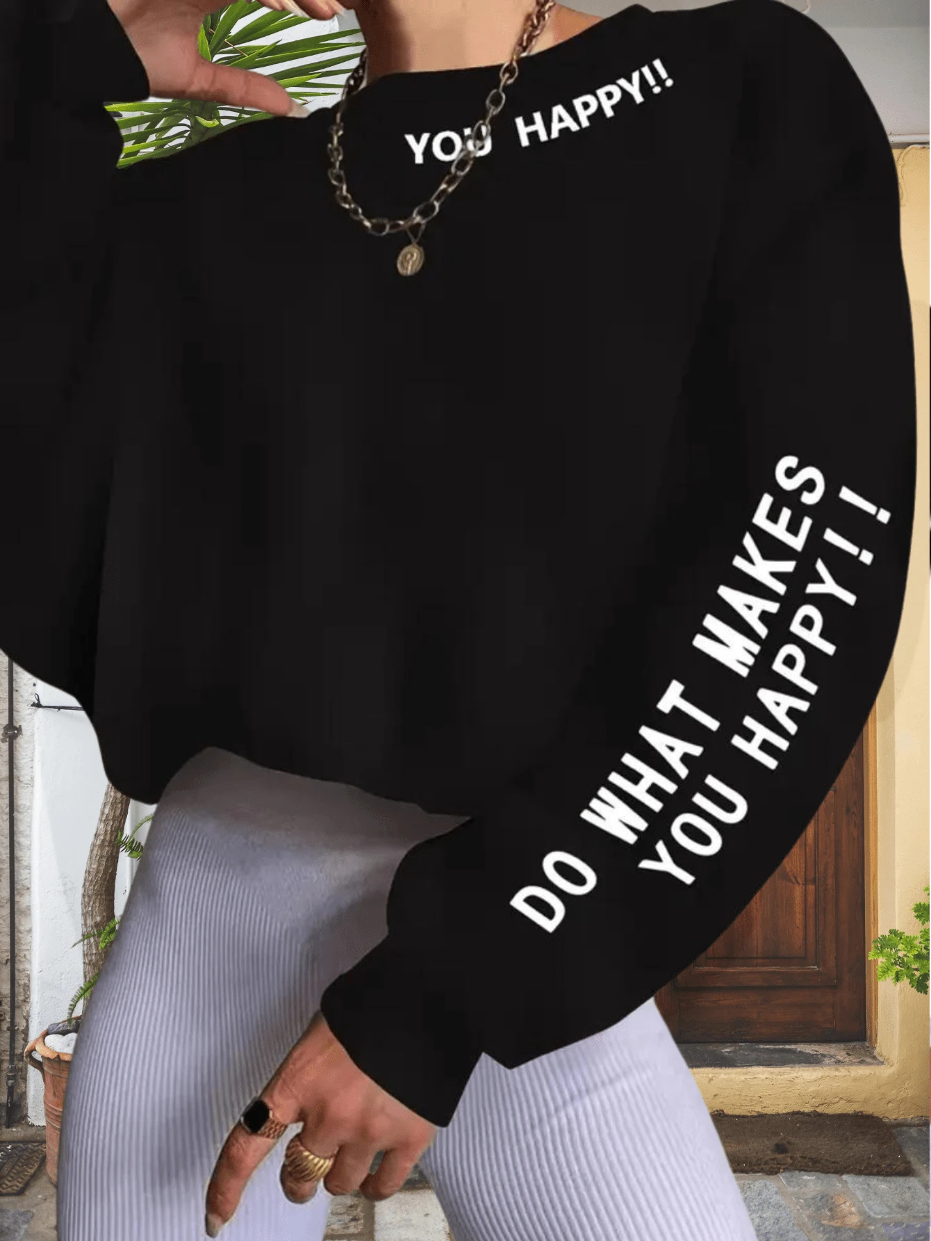 Women's Sweatshirt, Black, Crew Neck, Plus Size Style, Model: "You Happy Do What Makes You Happy" - SPECIAL Launch 2025 - 黑色 - 查看 1
