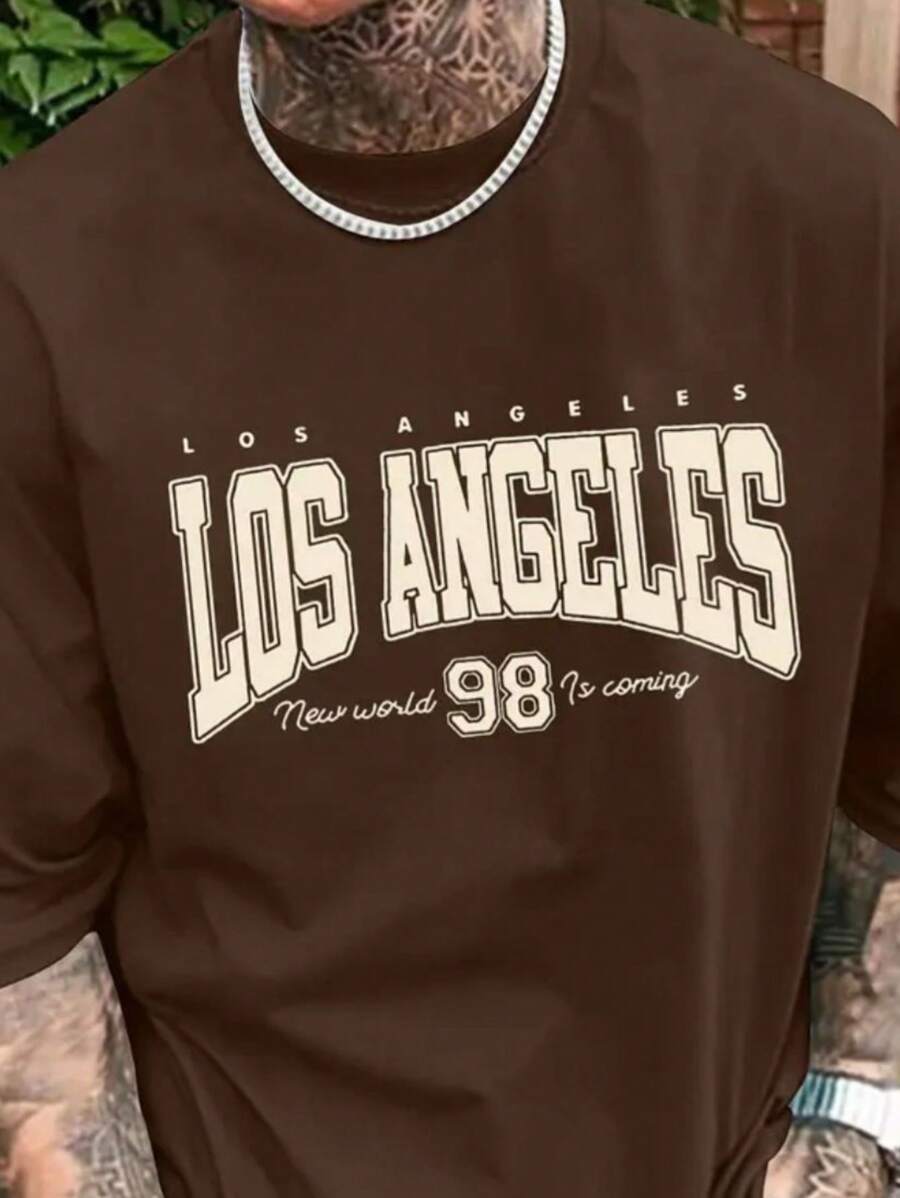 Men's 100% Cotton Printed Shirt Los Angeles 98 Short Sleeve Summer - Rỉ Nâu - Xem 1