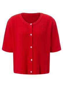 Women Summer Y2k Button Down Sweater Knitted Cropped Cardigan Shirt Blouse Short Sleeve Ribbed Knit Crop Top Open Front Knitwear Tops Lightweight Outwear Top Tee Shirt Going Out Knit Tops Pullover Tops Streetwear Fall Spring Clothes - Đỏ - Xem 3