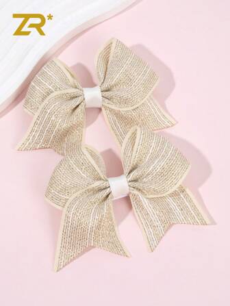 2 件装女士米色蝴蝶结发夹闪亮鳄鱼夹蝴蝶结发夹带尾巴，优雅休闲发夹日常佩戴派对头饰发饰