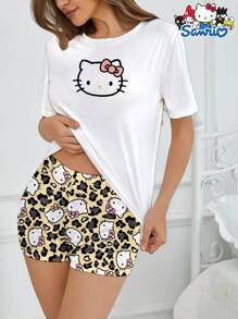 Sanrio 2 pezzi Set pigiama da donna Hello Kitty di Sanrio, pigiama a maniche corte con stampa carina a fiocco e leopardata