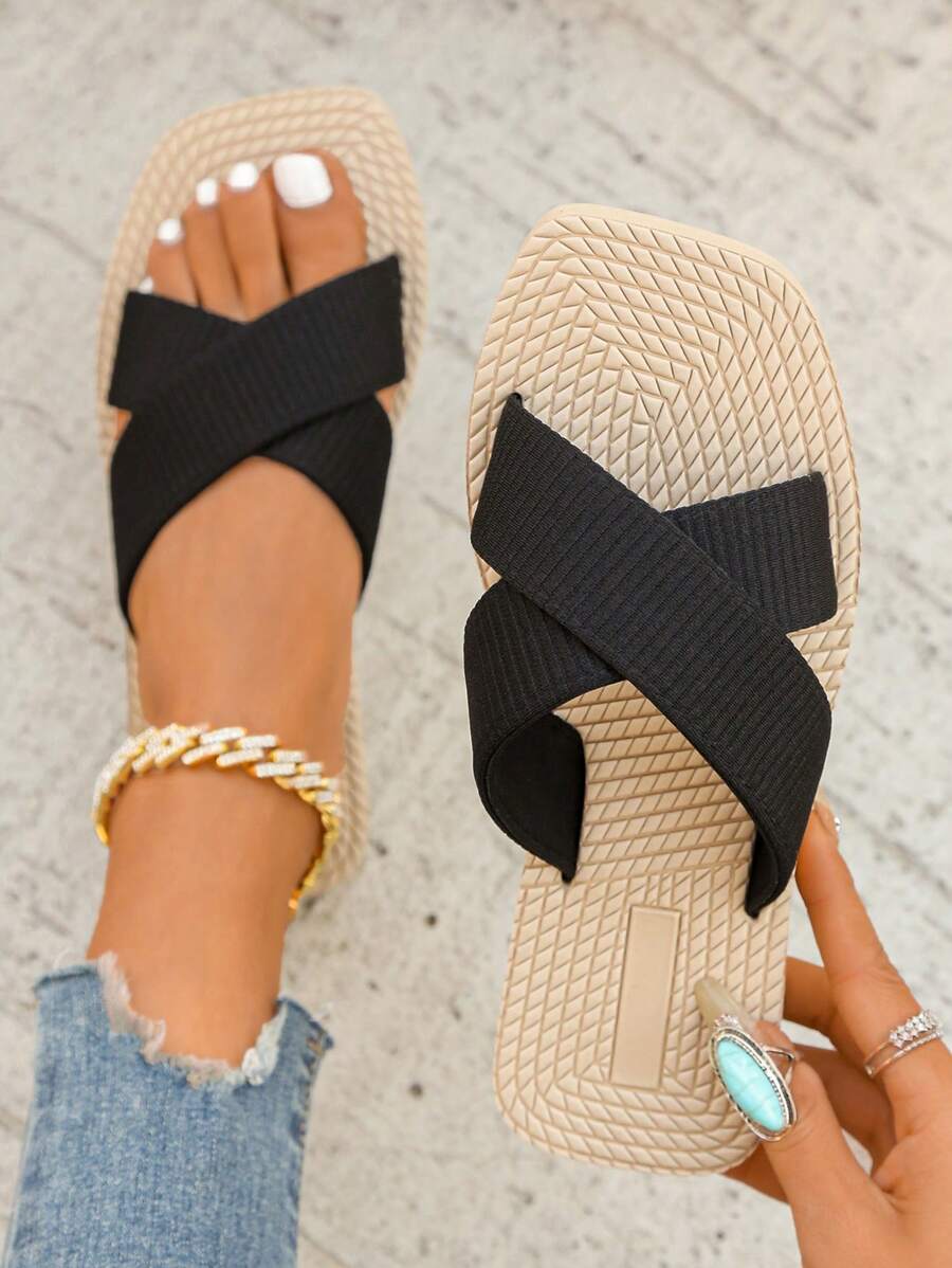 Women Summer Fashionable Simple Non-Slip Beach Slippers - Black - View 1