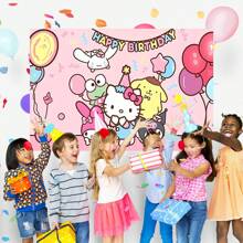 Sanrio 1 pezzo Striscione decorativo con sfondo di gruppo fotografico a tema cartoni animati per festa di compleanno, perfetto come decorazione per festa a tema cartoni animati, tappezzeria per camera da letto, foto di gruppo, dimensioni 82,7*59,1 *39,4/39,4*29,5 pollici