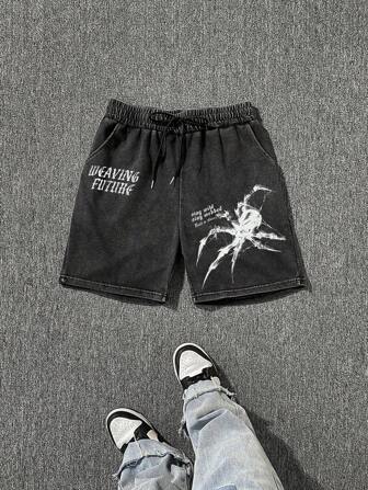 Pantaloni scurți bărbătești cu imprimeu de litere și păianjen, cu șnur în talie, lejeri, stil emo, anii 2000