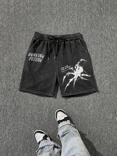 Hemo Men's Letter & Spider Print Drawstring Waist Pocket Loose Distressed Shorts
