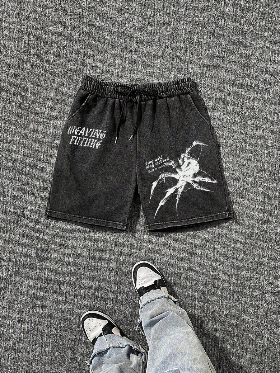 Hemo Men's Letter & Spider Print Drawstring Waist Pocket Loose Distressed Shorts - Black - View 1