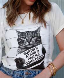 Women's White Baby Look T-Shirt "Gato Dona Chica" - Tumblr Style / NEW RELEASE - 白色 - 查看 1