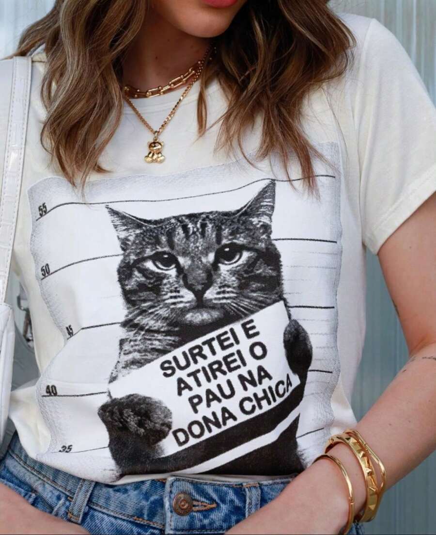 Women's White Baby Look T-Shirt "Gato Dona Chica" - Tumblr Style / NEW RELEASE - 白色 - 查看 1