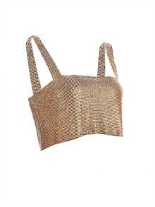 Women's Sparkly Sequin Wide Strap Crop Top Sleeveless V Neck Rave Tank Vest Clubwear - 金色 - 查看 7