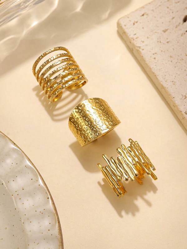3pcs Stainless Steel Gold Polka Dot Stackable Ring Set, Exaggerated Fashion, Suitable For Women Daily Accessories Or Gifts