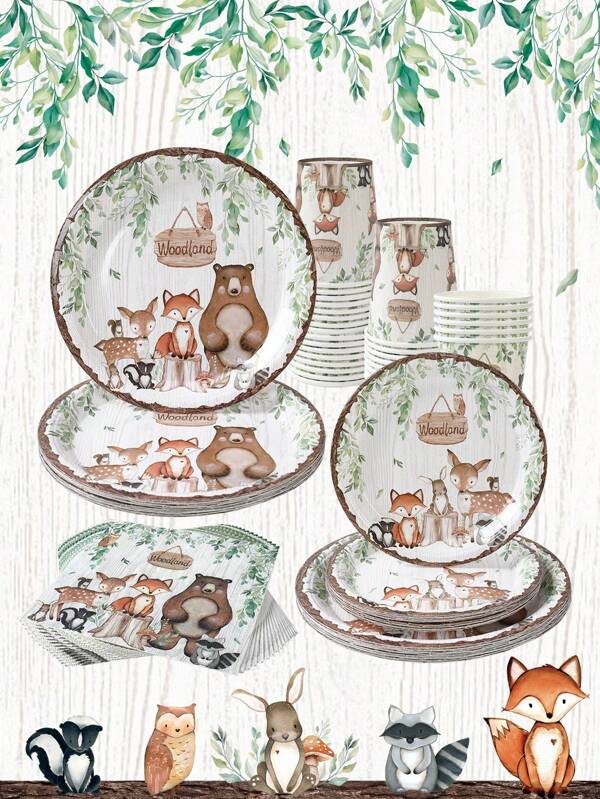 Set di 40 pezzi di stoviglie monouso a tema bosco e foresta, set di stoviglie decorative monouso a tema animali della giungla per feste di compleanno, feste di nascita e feste di famiglia, include 8 piatti monouso da 7 pollici, 8 piatti monouso di carta da 9 pollici, 8 bicchieri di carta e 16 tovaglioli