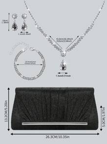 Shiny And Elegant Pleated Women's Evening Bag With Charming Rhinestone Pendant Necklace, Bracelet, Earrings, Gorgeous And Exquisite Party Clutch, Perfect Purse For Party Girls, Brides, College Students, Shoulder Crossbody Bag With Detachable Metal Chain, Perfect For Prom, Banquet, Party, Wedding, Holiday Party, Best Gift