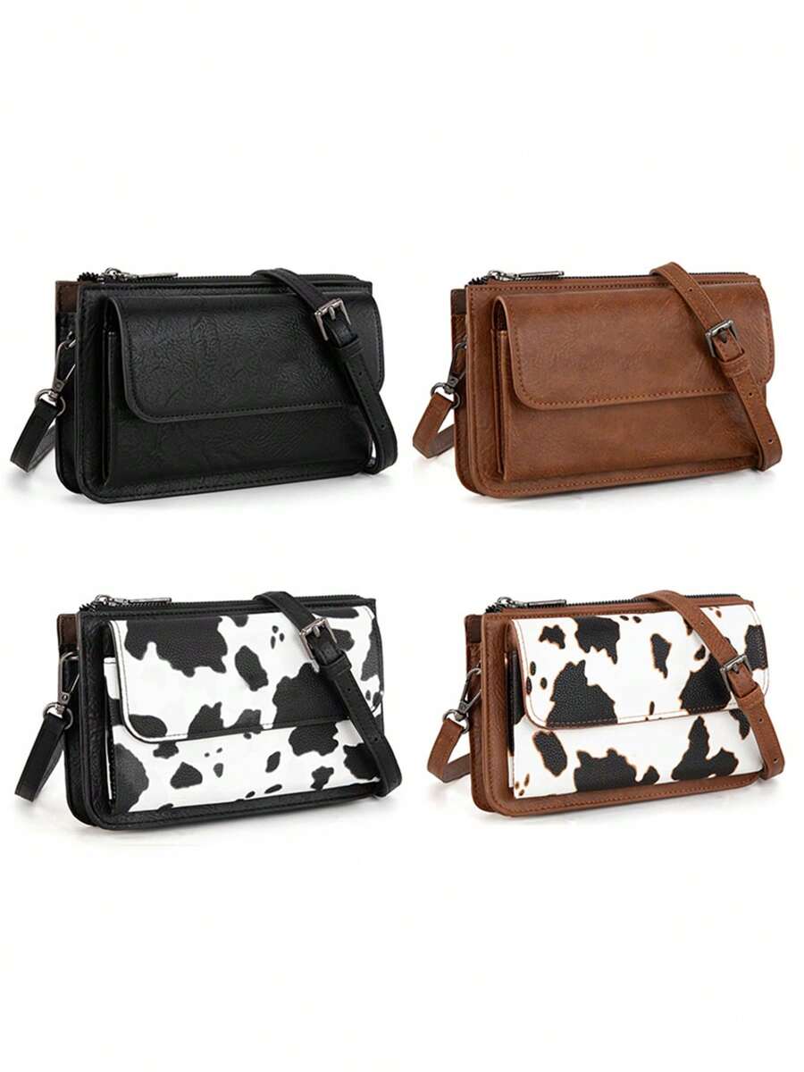 1pc Retro Crossbody Wallet Purse Vegan PU Small Purses For Women With Phone Pocket And Adjustable Strap Cow Pattern - Multicolor - View 1