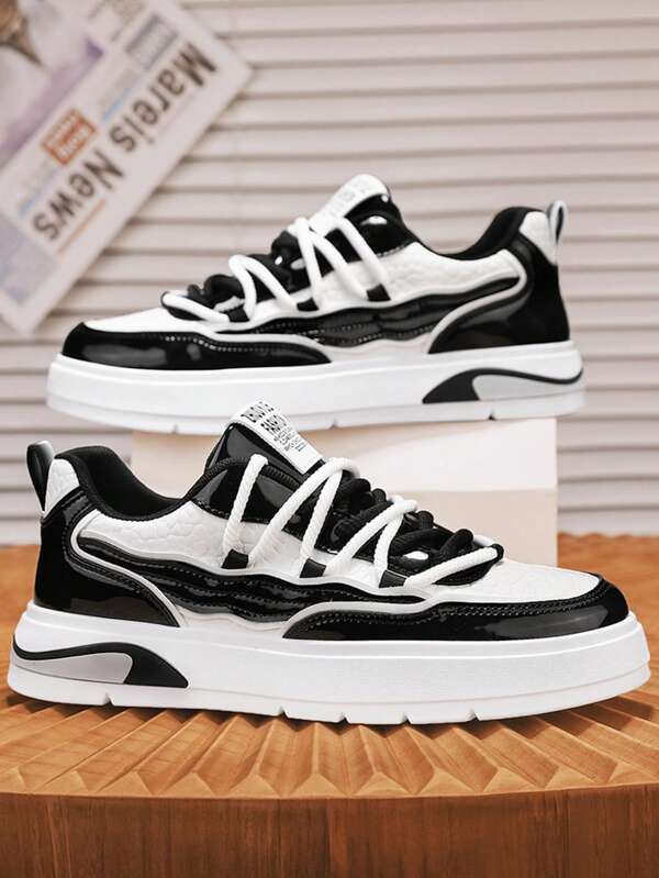 Men's Fashion Comfortable Lightweight Non-Slip PU Leather Panel Lace-Up Low-Top Casual Sneakers, Suitable For All Seasons