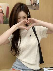 Áo len dệt kim cổ tròn thêu họa tiết phong cách Hàn Quốc cho bé gái, áo tay ngắn nhẹ nhàng cho mùa hè, thường ngày, mặc ở nhà, đi làm, trở lại trường - Màu be - Xem 3