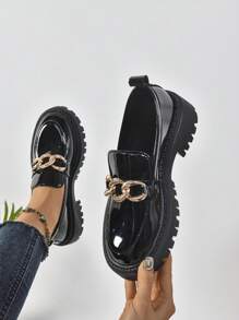 Black Chain Decor Slip-On Platform Loafers For Women, Preppy British Style, Suitable For Spring/Autumn