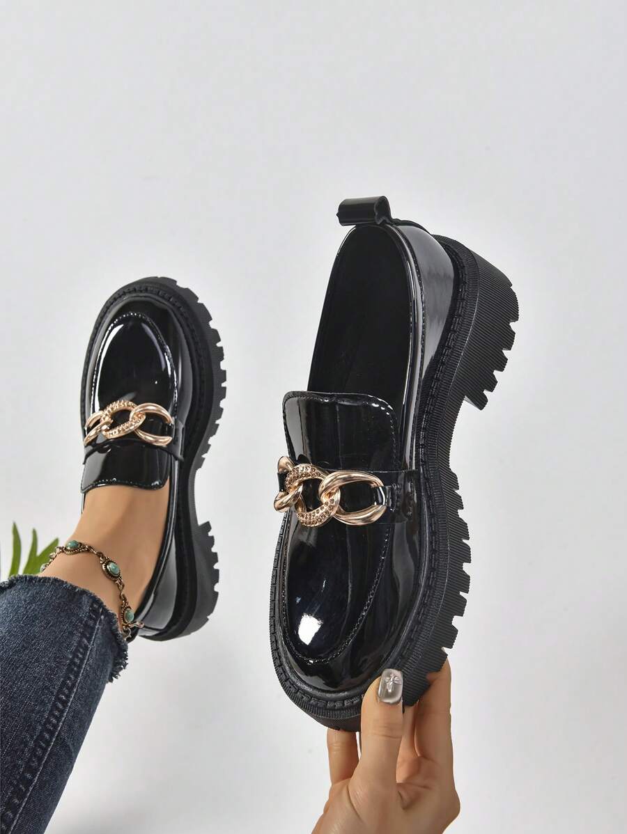 Black Chain Decor Slip-On Platform Loafers For Women, Preppy British Style, Suitable For Spring/Autumn