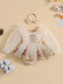 Infant Baby Girl Tutu Romper Dress With Headband Mesh Long Sleeve Floral Lace Embroidery Skirt Birthday Outfit - 米色 - 查看 2