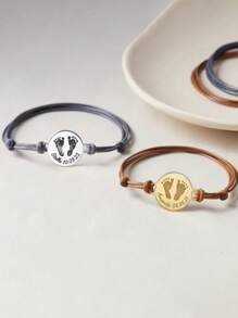 Personalized Custom Engraved Bracelet, Handmade Wax Rope Woven Stainless Steel Hand Plate Chain Name Adjustable Handprint Footprint Bracelet, Ladies Men's Anniversary / Holiday Gift