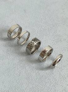 5pcs/Set Minimalist Vintage Stainless Steel Spider Web Decorative Ring Set Suitable For Man Woman Daily Use And Fashionable Jewelry Women Gifts Parties Birthday Gift Ladies Jewelry Stackable Ring Statement Band Size 6-12 Summer Vacation Jewelry