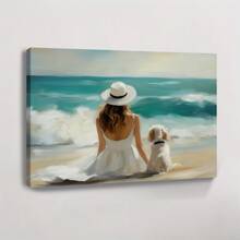 1pc Beach Vintage Decoration Prints Poster A Woman And Her Dog On The Beach Wall Art Decoration For Living Room Bedroom Bathroom Kitchen Apartment Hotel, Artful Home Decoration - Framed, Horizontal