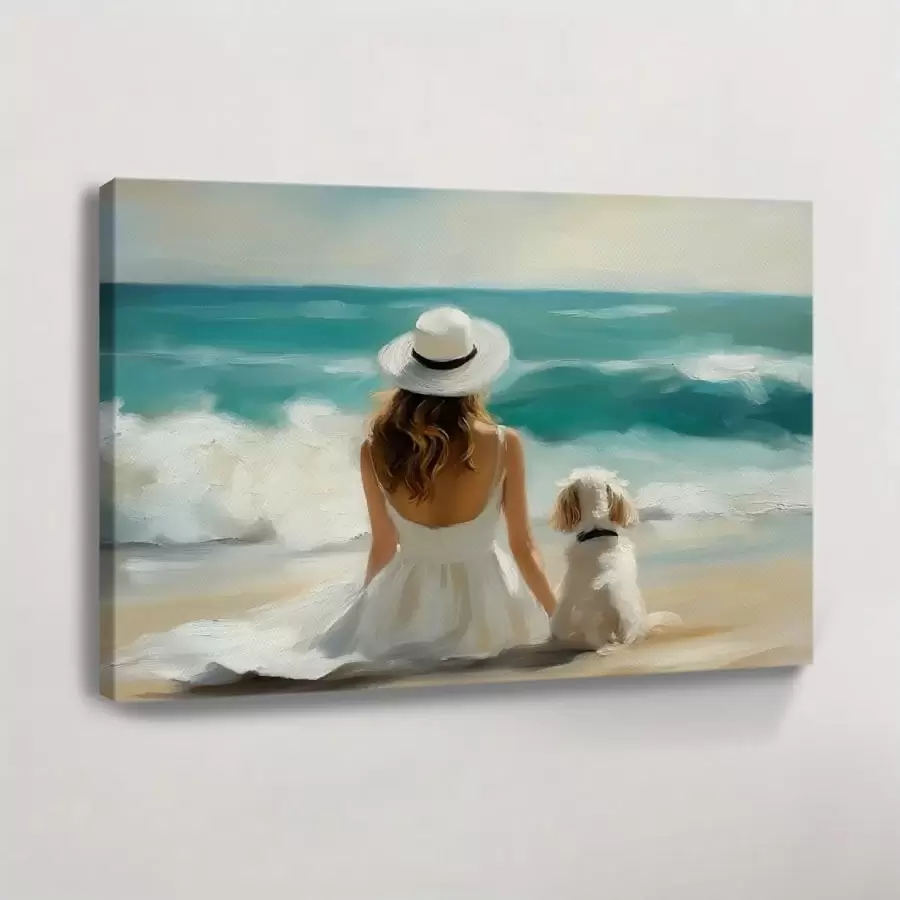 1pc Beach Vintage Decoration Prints Poster A Woman And Her Dog On The Beach Wall Art Decoration For Living Room Bedroom Bathroom Kitchen Apartment Hotel, Artful Home Decoration - Framed, Horizontal