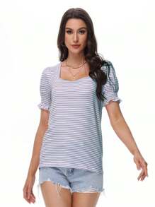 GEREARC Womens Basic Top Square Neck Ruffled Cuffs Sleeve Loose Blouse T Shirts