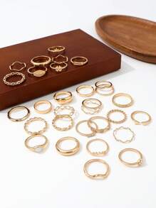 30pcs Fashionable Rings Set, Including Starfish, Four-Leaf Clover, Simplified Rhinestone, Evil Eye And Boho Geometric Designs - Gold - View 4