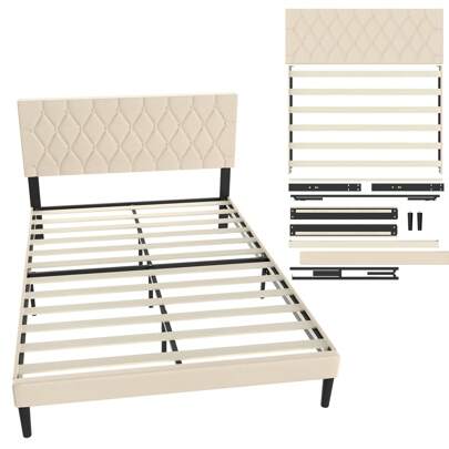 LILIIN Upholstered Bed (90/140/160 X 200 Cm) - Bed Frame With Buttons, Platform Bed Frame With Upholstered Headboard (Faux Leather/Velvet), Wooden Slats Support, Double Bed For Adults, Modern Design (Beige/Black)