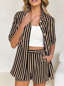 Conjunto de 2 piezas de camisa y pantalones cortos a rayas casuales para mujer Vaiaye, con top de manga corta a juego con pantalones cortos, adecuado para uso diario, elegante atuendo para damas - Caqui - Ver 11