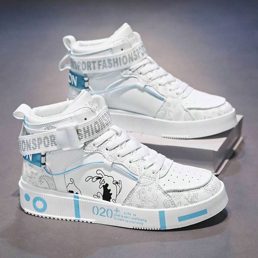 أحذية رياضية للرجال، أحذية كاجوال بيضاء،أحذية رجالية مطبوعة بطباعات جرافيتي شخصية للمراهقين، طباعات عشوائية - رماد ابيض - مشاهدة 1