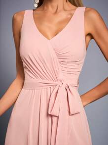 Mgiacy New Arrival V Neck Solid Color Bridesmaid Dress Ruched Ruffle Belt Chiffon Long Dress - Pink - View 5