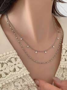 1 件女式不锈钢金色多层钻石形流苏明亮花瓣项链（吊坠珠数量随机分布） - 銀色 - 查看 1