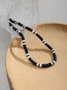 1pc Men's Vintage Versatile Black & White Ceramic Geometric Beaded Pendant Necklace, Suitable For Beach/Resort Wear